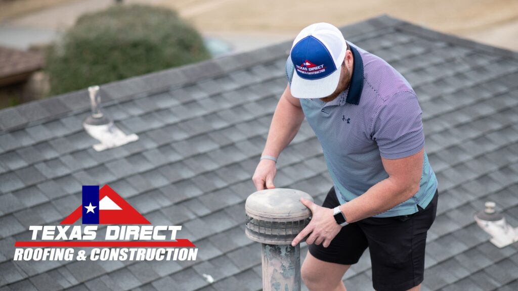 An image of a roofer checking the condition of a vent pipe on a shingle roof.