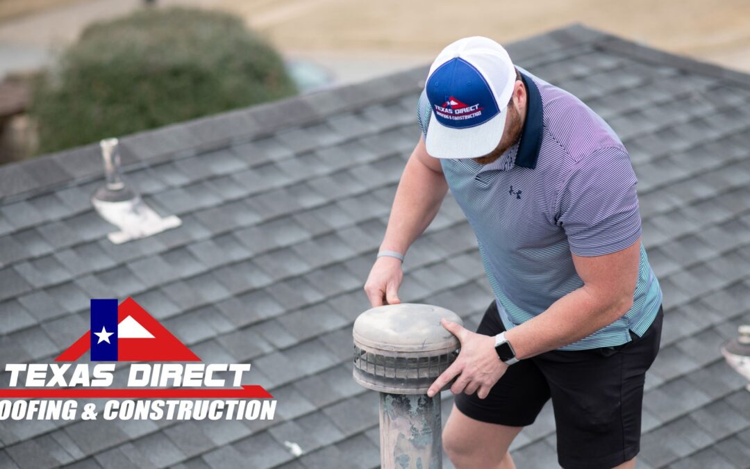 An image of a roofer checking the condition of a vent pipe on a shingle roof.