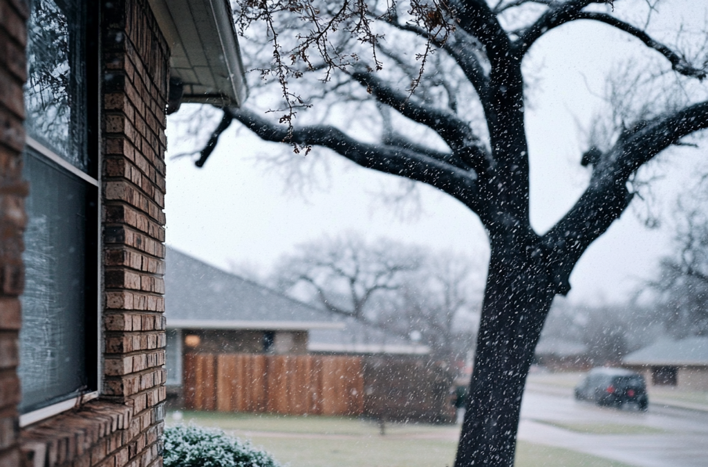 Sleet falling in the yard of a Texas home